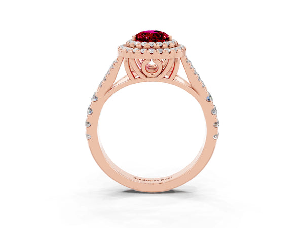 Rose gold Pear Cut Garnet Double Halo Ring with Split Shank and Prong Setting