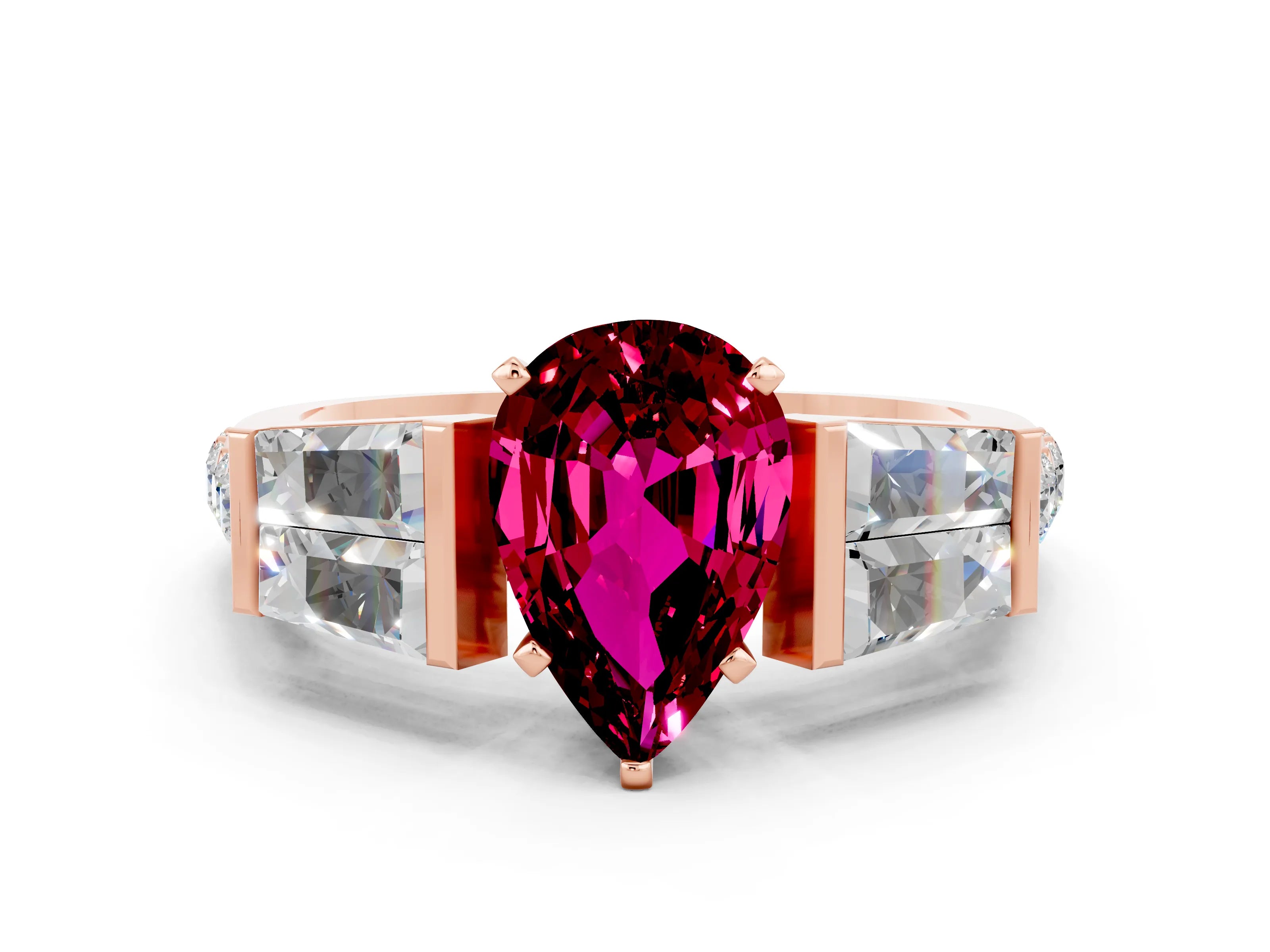Rose gold Pear Cut Garnet Engagement Ring with Baguette Side Stones and Channel Set Band