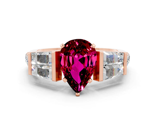 Rose gold Pear Cut Garnet Engagement Ring with Baguette Side Stones and Channel Set Band