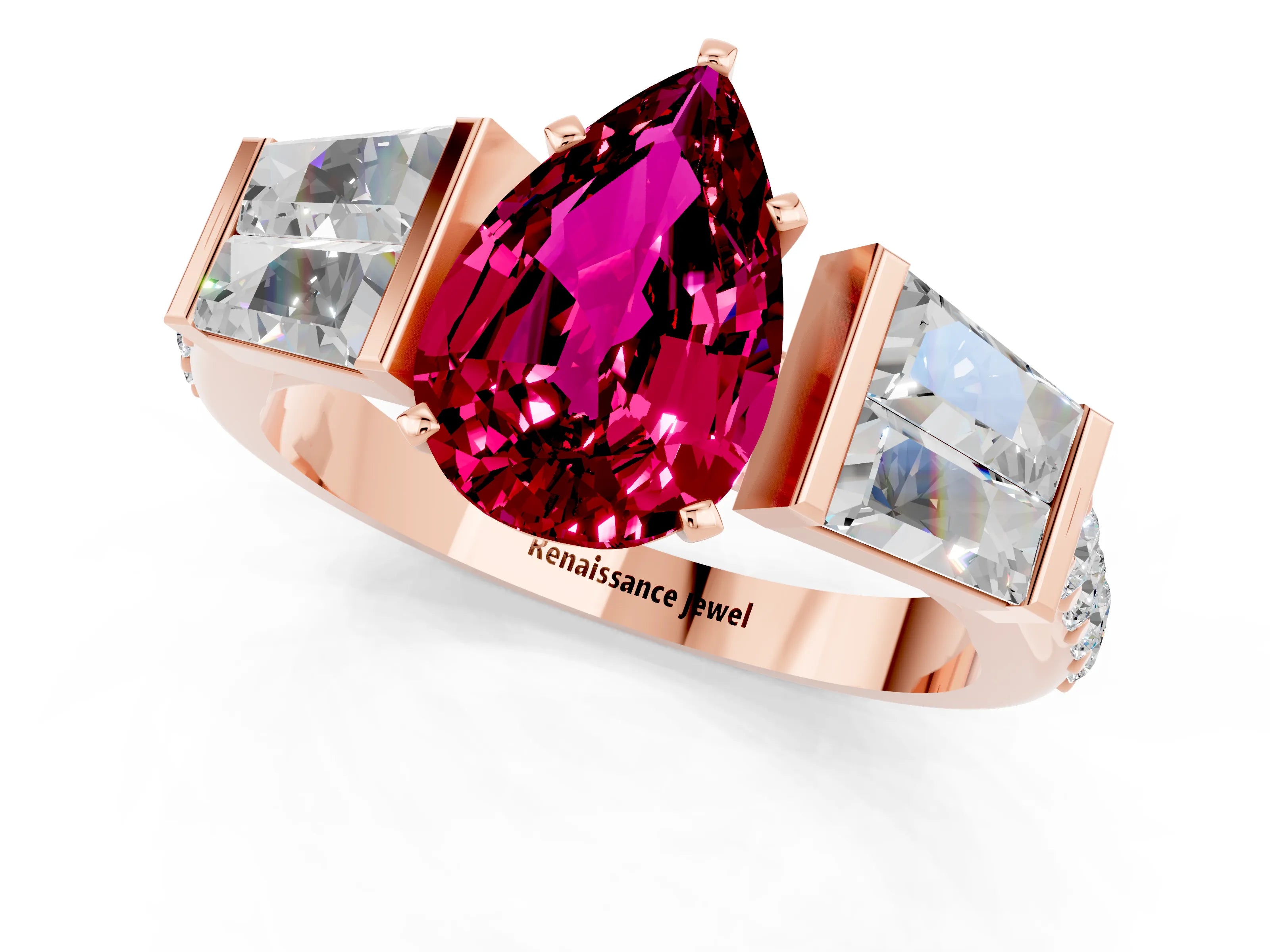 Rose gold Pear Cut Garnet Engagement Ring with Baguette Side Stones and Channel Set Band_1
