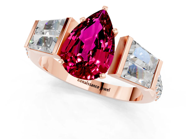 Rose gold Pear Cut Garnet Engagement Ring with Baguette Side Stones and Channel Set Band
