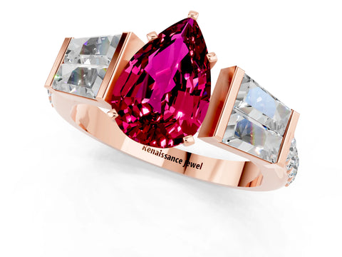 Rose gold Pear Cut Garnet Engagement Ring with Baguette Side Stones and Channel Set Band_1