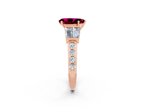 Rose gold Pear Cut Garnet Engagement Ring with Baguette Side Stones and Channel Set Band