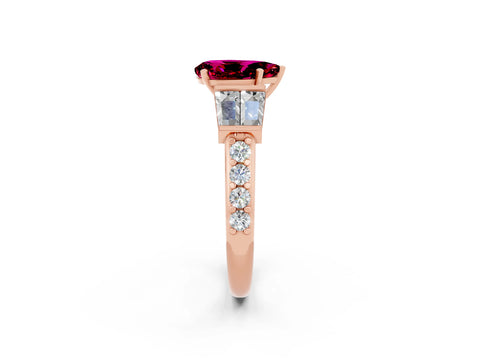 Rose gold Pear Cut Garnet Engagement Ring with Baguette Side Stones and Channel Set Band_2