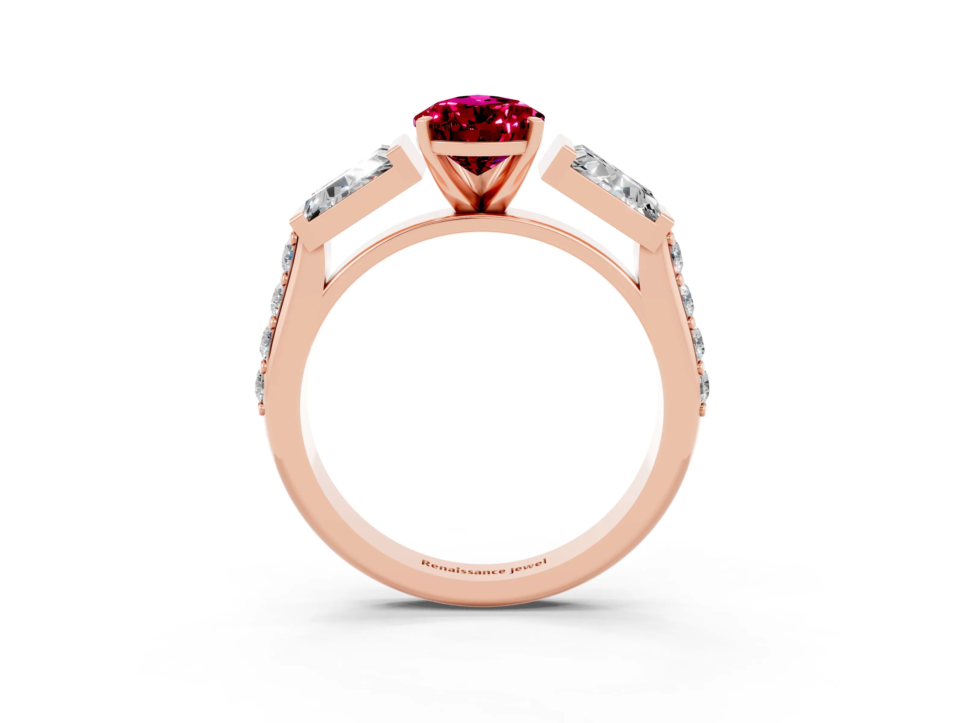 Rose gold Pear Cut Garnet Engagement Ring with Baguette Side Stones and Channel Set Band_3