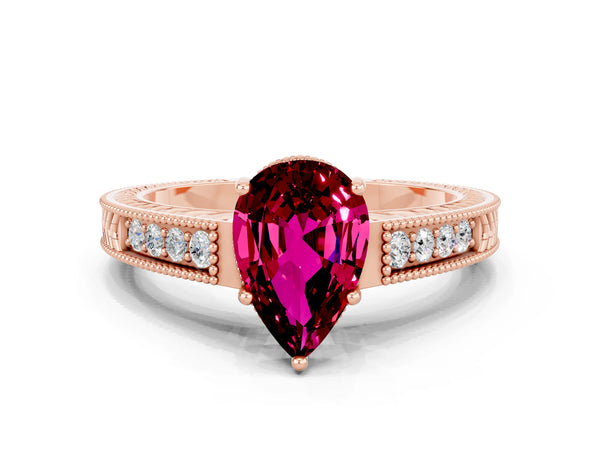 Rose gold Pear Cut Garnet Engagement Ring with Milgrain Channel Set Band and Prong Setting