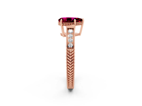 Rose gold Pear Cut Garnet Engagement Ring with Milgrain Channel Set Band and Prong Setting