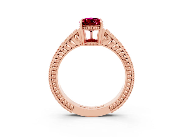 Rose gold Pear Cut Garnet Engagement Ring with Milgrain Channel Set Band and Prong Setting