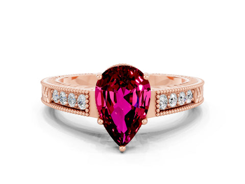 Rose gold Pear Cut Garnet Engagement Ring with Milgrain Channel Set Band and Prong Setting
