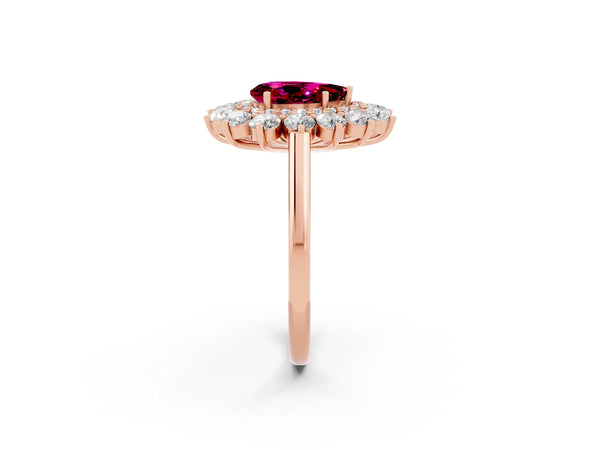 Rose gold Pear Cut Garnet Floral Double Halo Engagement Ring with Prong Setting