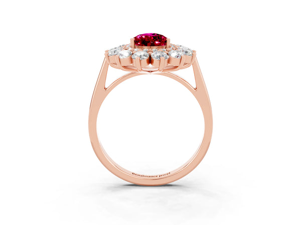 Rose gold Pear Cut Garnet Floral Double Halo Engagement Ring with Prong Setting