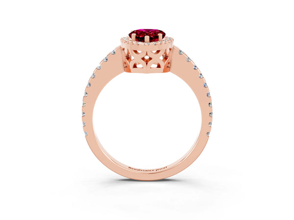 Rose gold Pear Cut Garnet Halo Engagement Ring with Pavé Band and Prong Setting