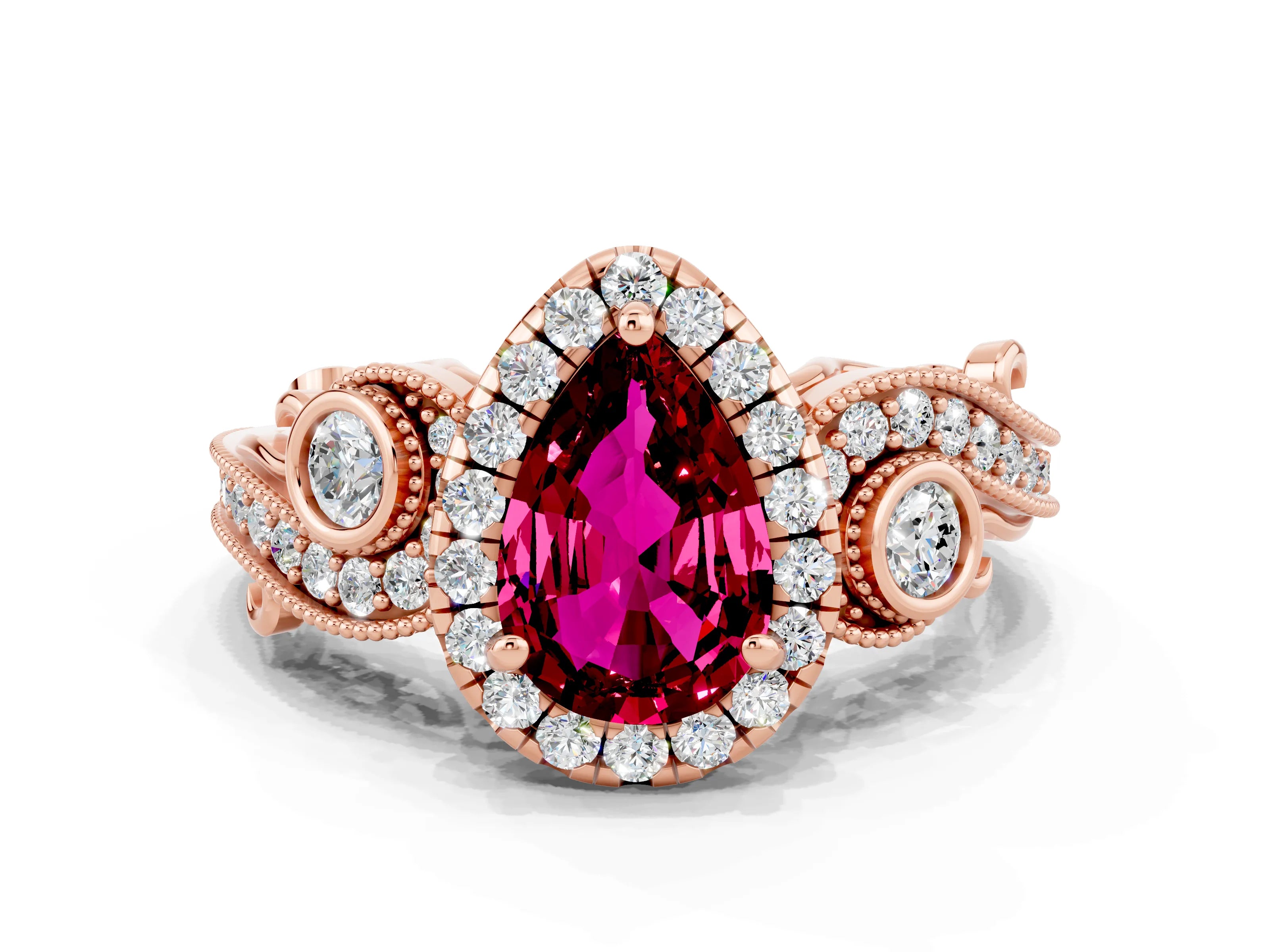 Rose gold Pear Cut Garnet Halo Ring with Milgrain Pavé Band and Four-Prong Setting_12