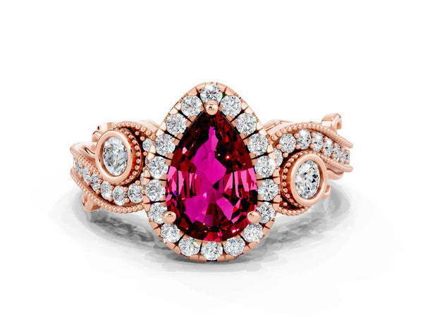 Rose gold Pear Cut Garnet Halo Ring with Milgrain Pavé Band and Four-Prong Setting