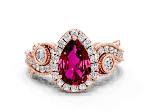 Rose gold Pear Cut Garnet Halo Ring with Milgrain Pavé Band and Four-Prong Setting_12