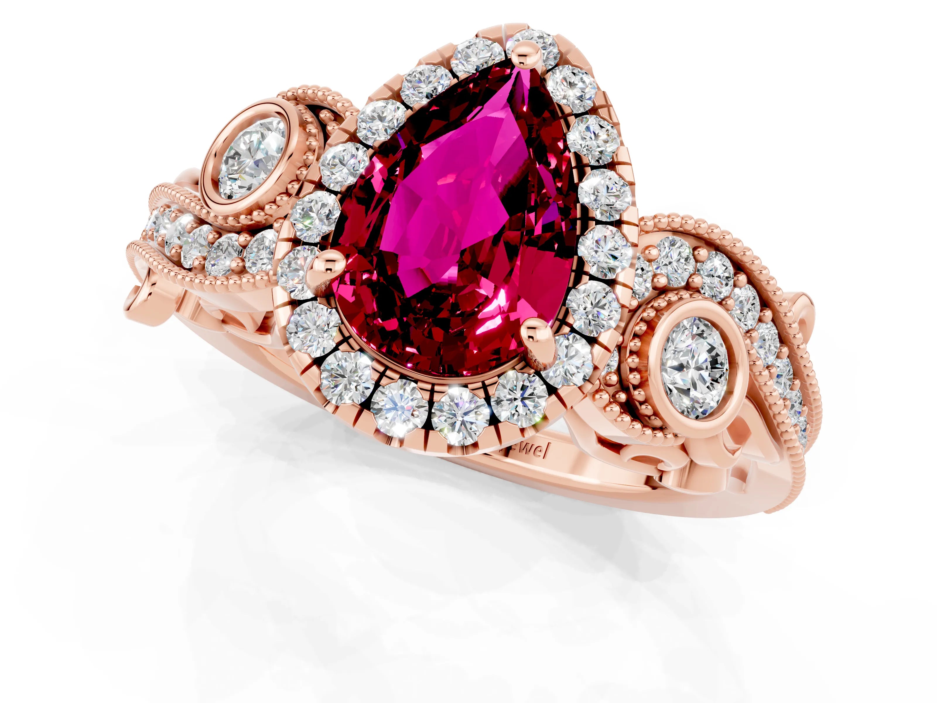 Rose gold Pear Cut Garnet Halo Ring with Milgrain Pavé Band and Four-Prong Setting_13