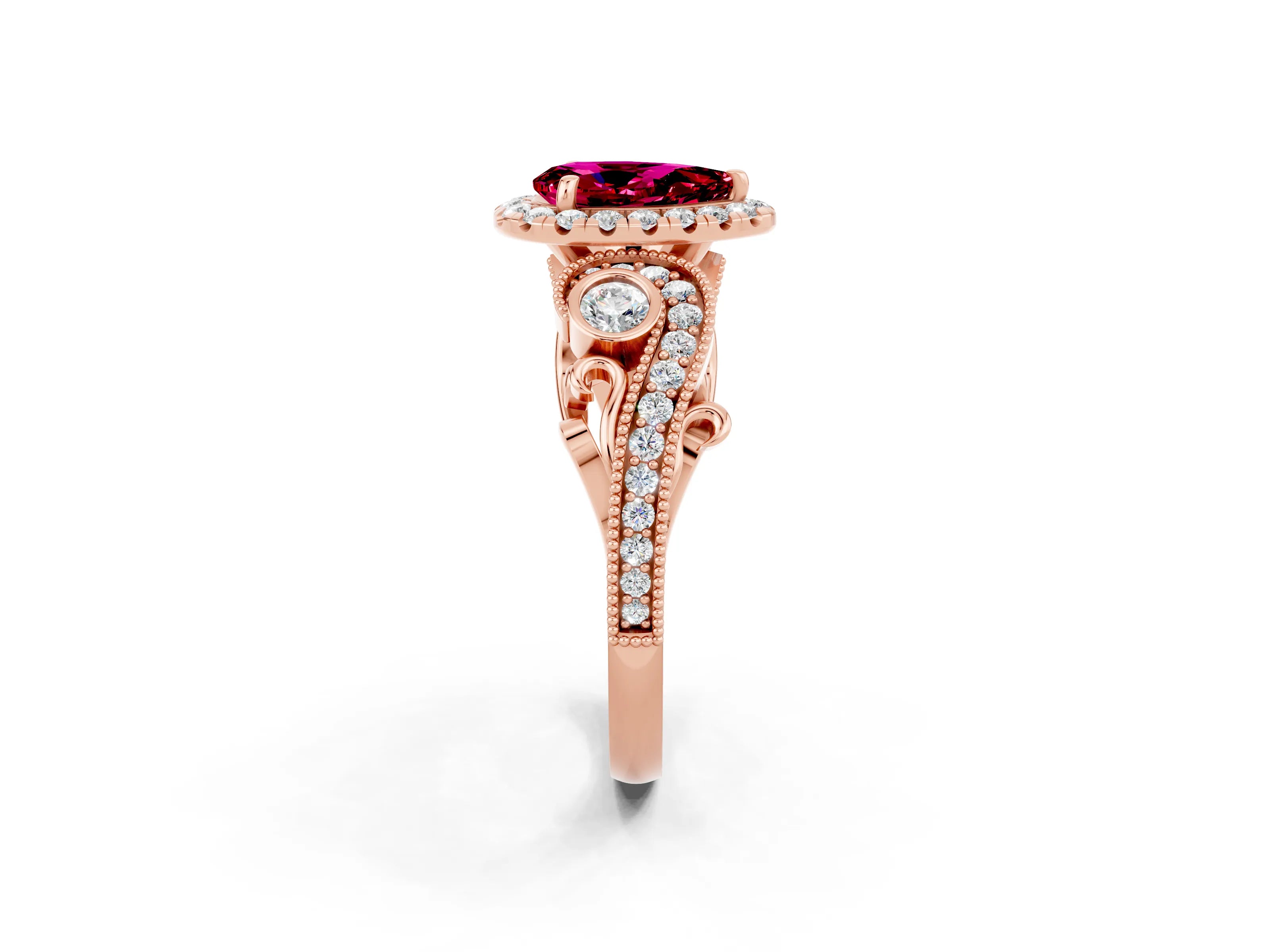 Rose gold Pear Cut Garnet Halo Ring with Milgrain Pavé Band and Four-Prong Setting_14