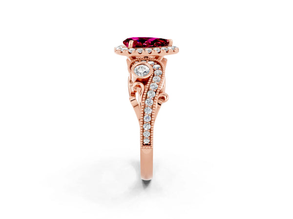 Rose gold Pear Cut Garnet Halo Ring with Milgrain Pavé Band and Four-Prong Setting