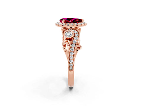 Rose gold Pear Cut Garnet Halo Ring with Milgrain Pavé Band and Four-Prong Setting_14