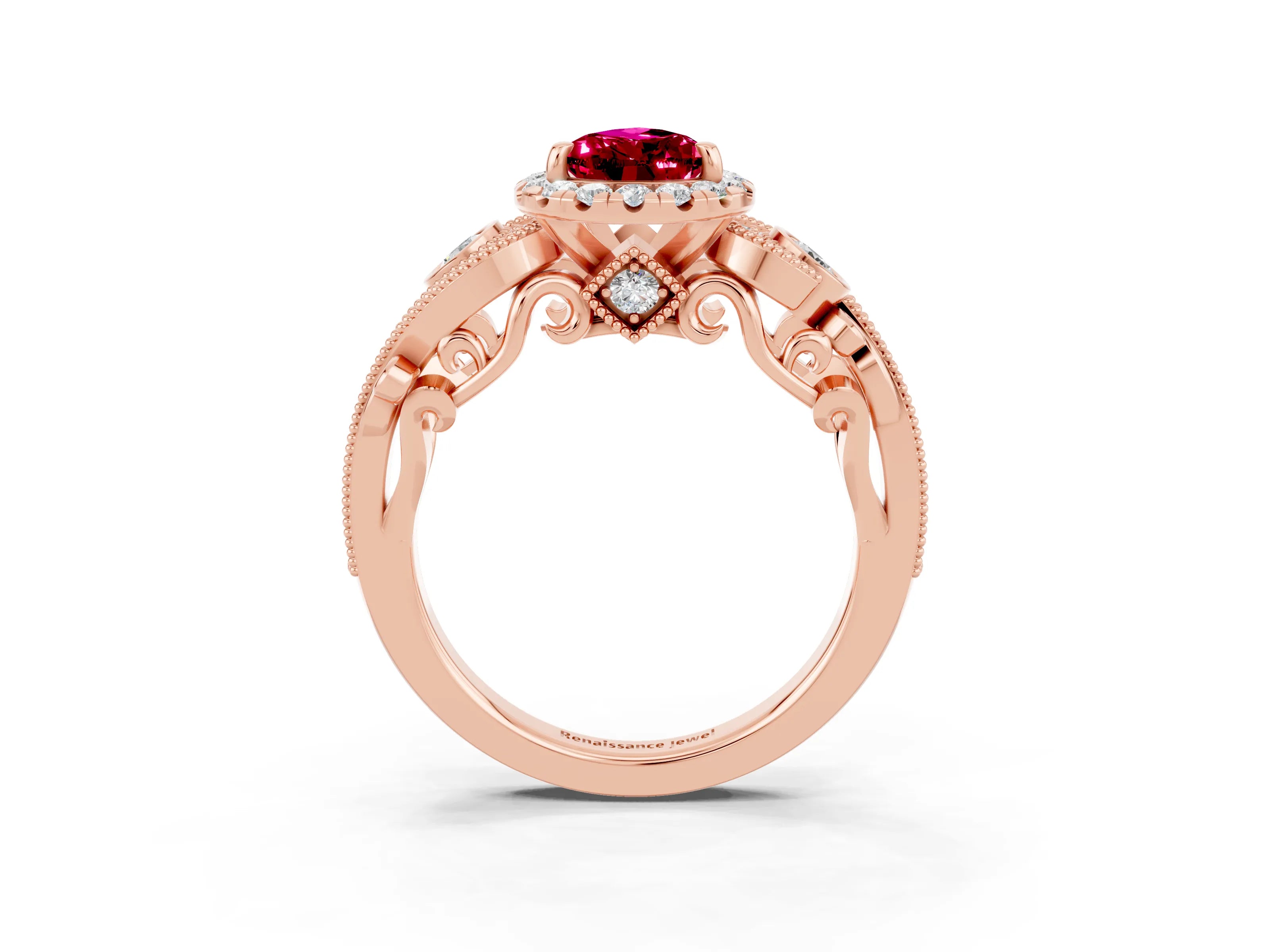 Rose gold Pear Cut Garnet Halo Ring with Milgrain Pavé Band and Four-Prong Setting_15