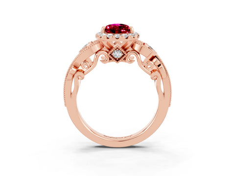 Rose gold Pear Cut Garnet Halo Ring with Milgrain Pavé Band and Four-Prong Setting_15