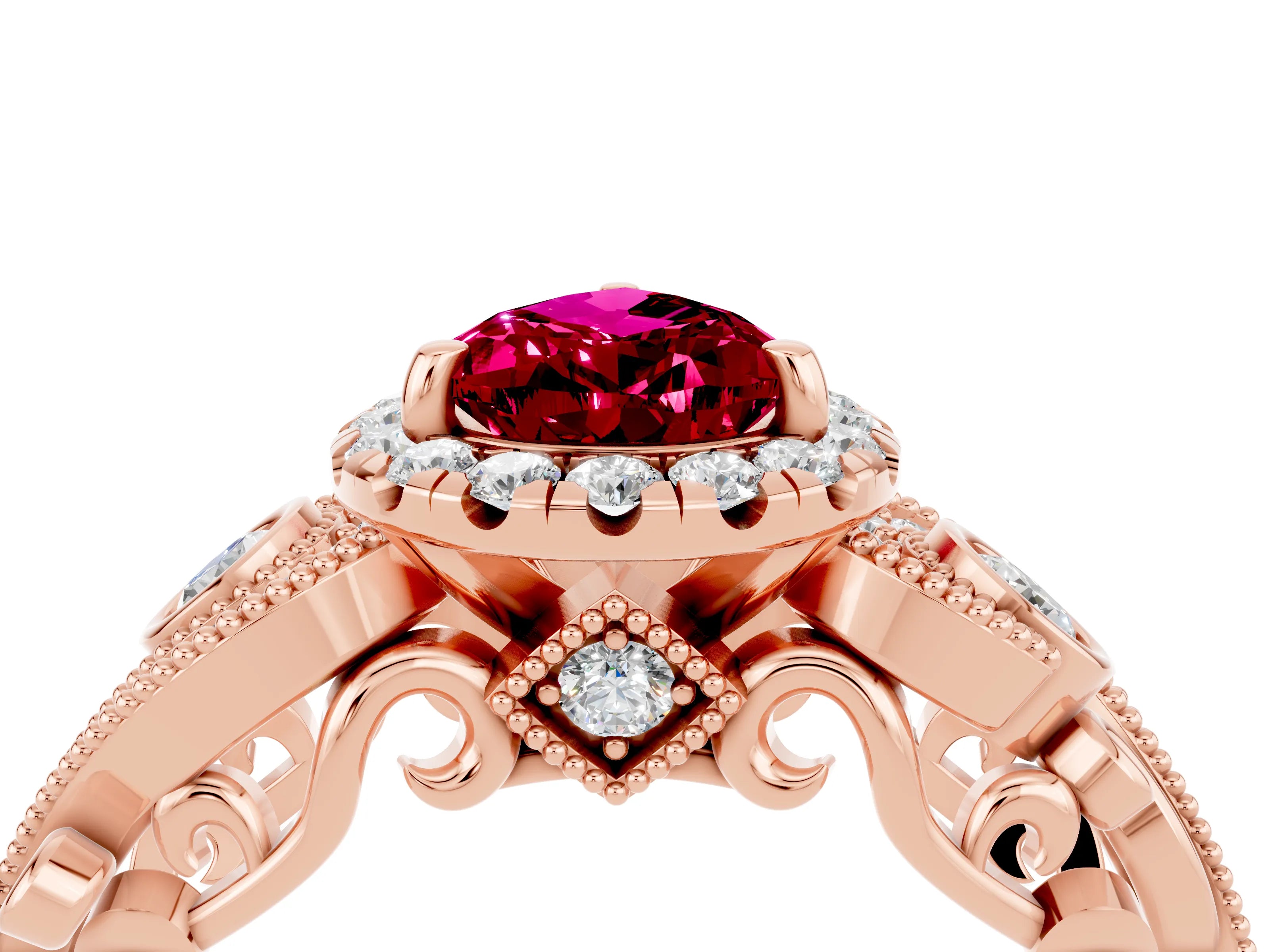 Rose gold Pear Cut Garnet Halo Ring with Milgrain Pavé Band and Four-Prong Setting_16