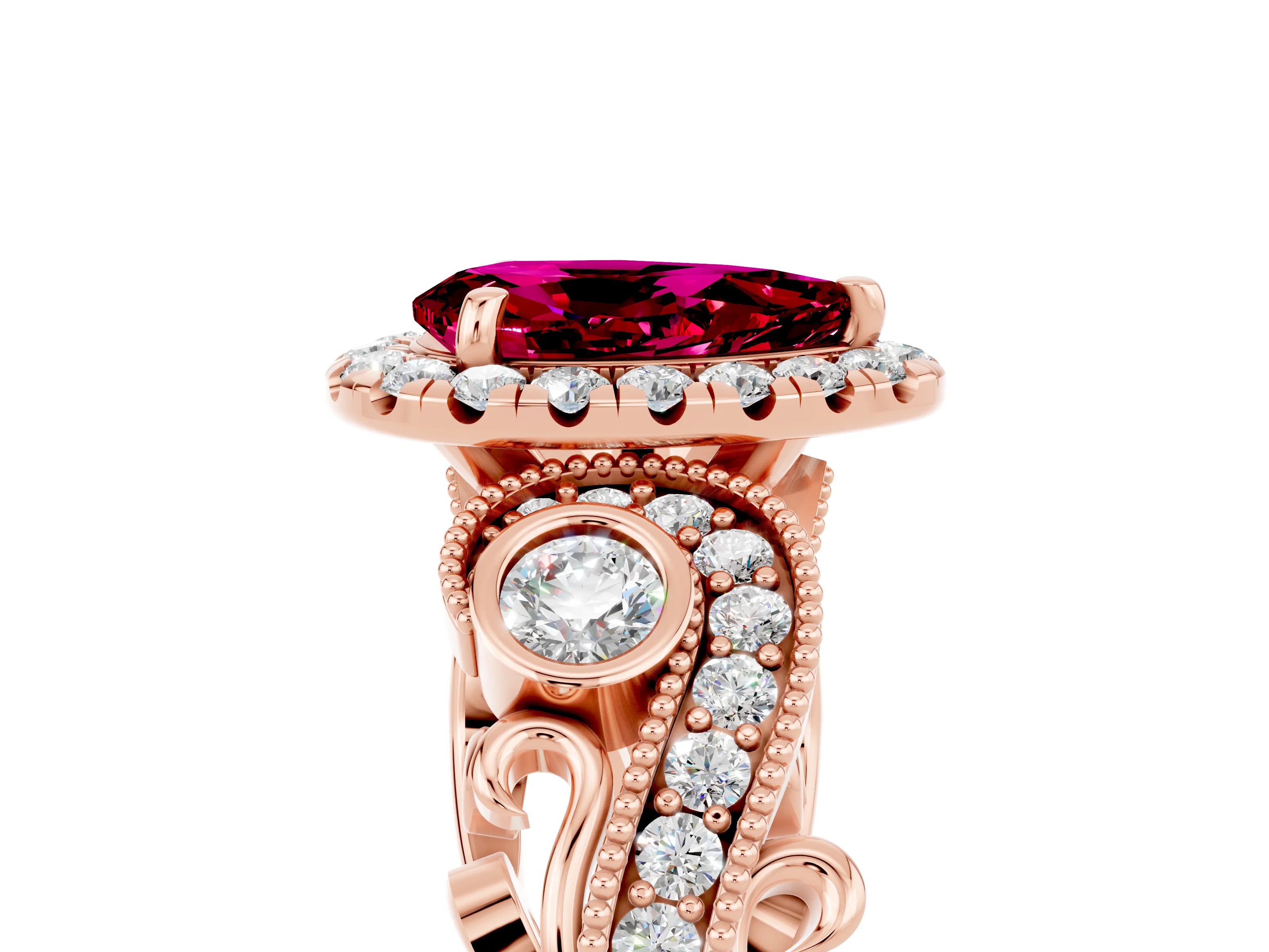 Rose gold Pear Cut Garnet Halo Ring with Milgrain Pavé Band and Four-Prong Setting_17