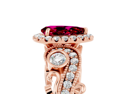 Rose gold Pear Cut Garnet Halo Ring with Milgrain Pavé Band and Four-Prong Setting_17