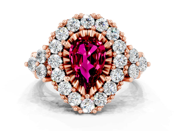Rose gold Pear Cut Garnet Halo Ring with Pavé Band and Four-Prong Setting