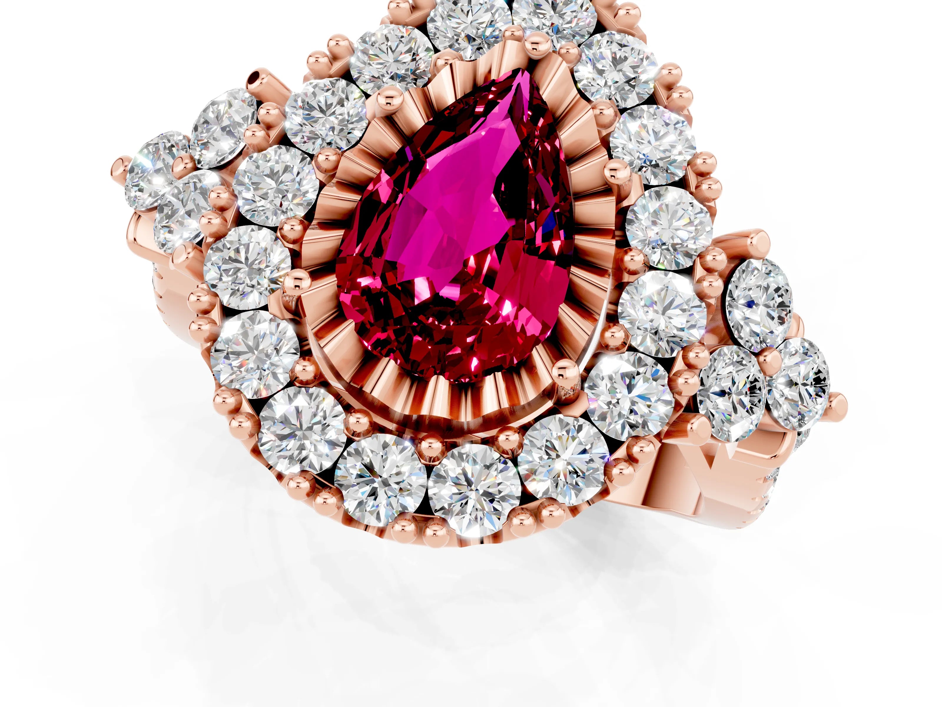 Rose gold Pear Cut Garnet Halo Ring with Pavé Band and Four-Prong Setting_13
