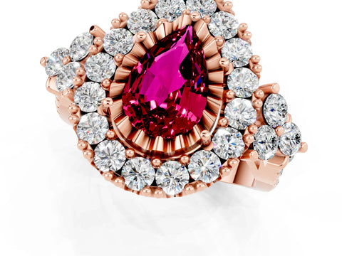 Rose gold Pear Cut Garnet Halo Ring with Pavé Band and Four-Prong Setting_13