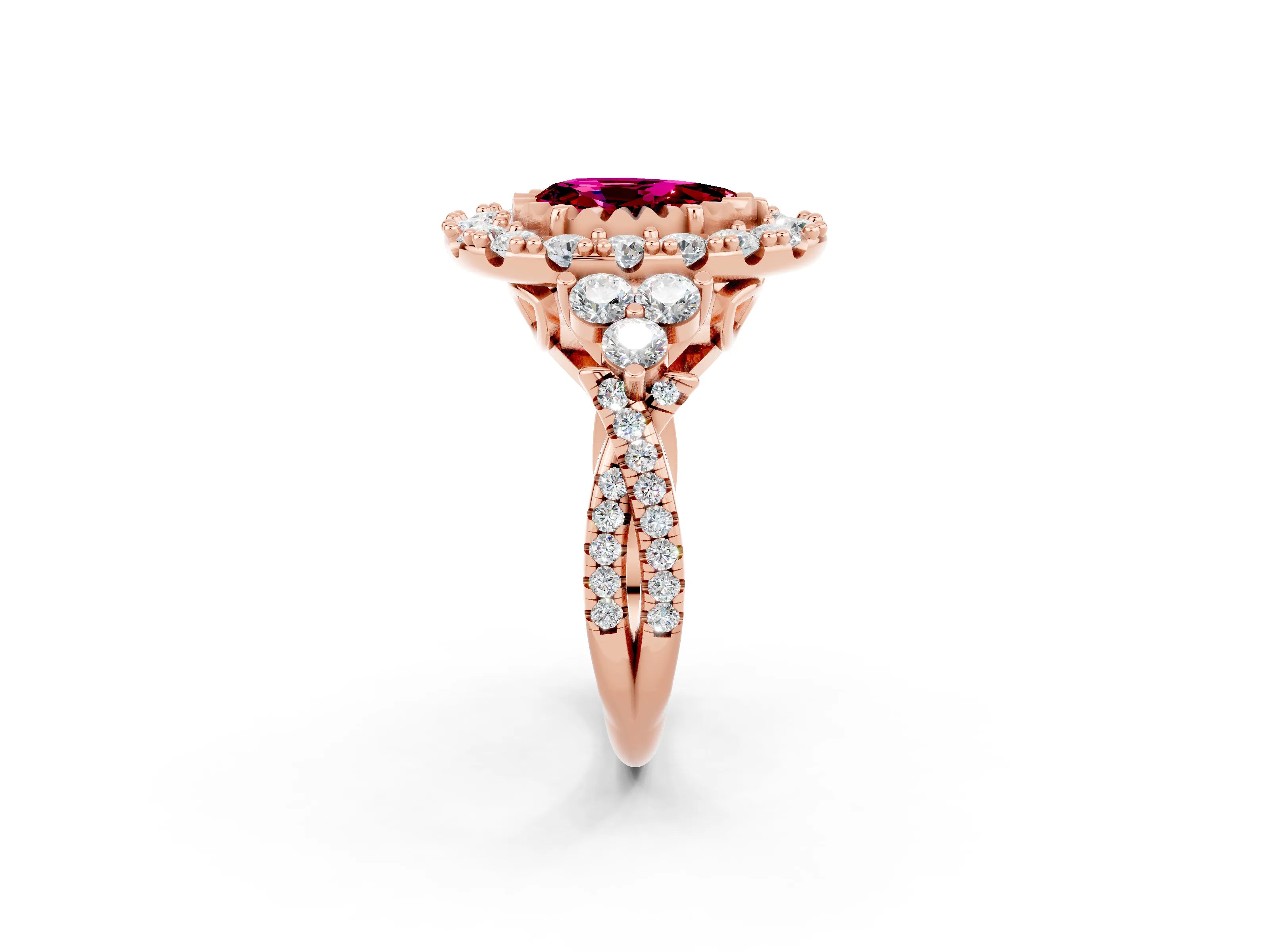 Rose gold Pear Cut Garnet Halo Ring with Pavé Band and Four-Prong Setting_14