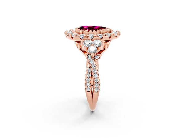 Rose gold Pear Cut Garnet Halo Ring with Pavé Band and Four-Prong Setting
