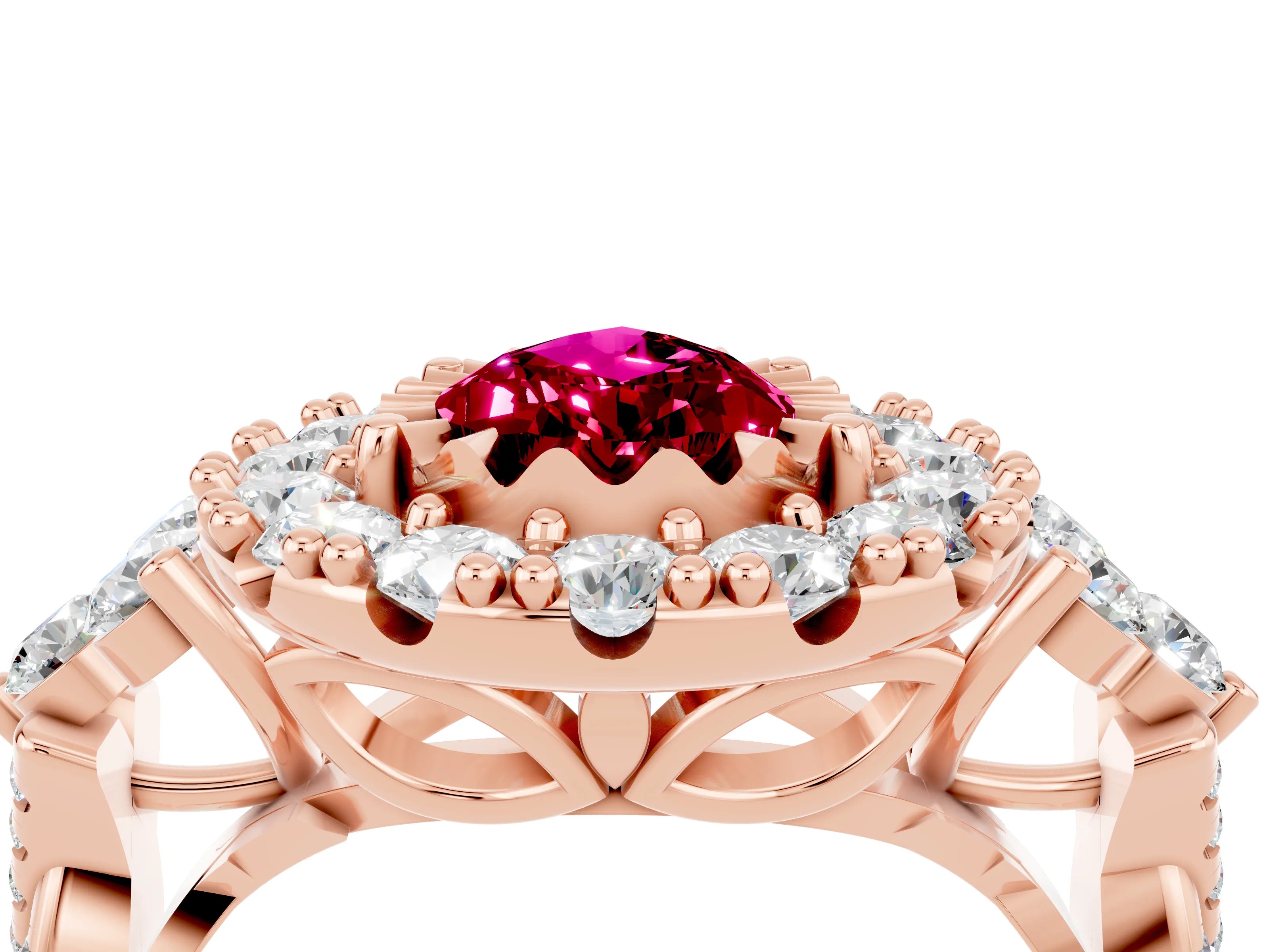 Rose gold Pear Cut Garnet Halo Ring with Pavé Band and Four-Prong Setting_16