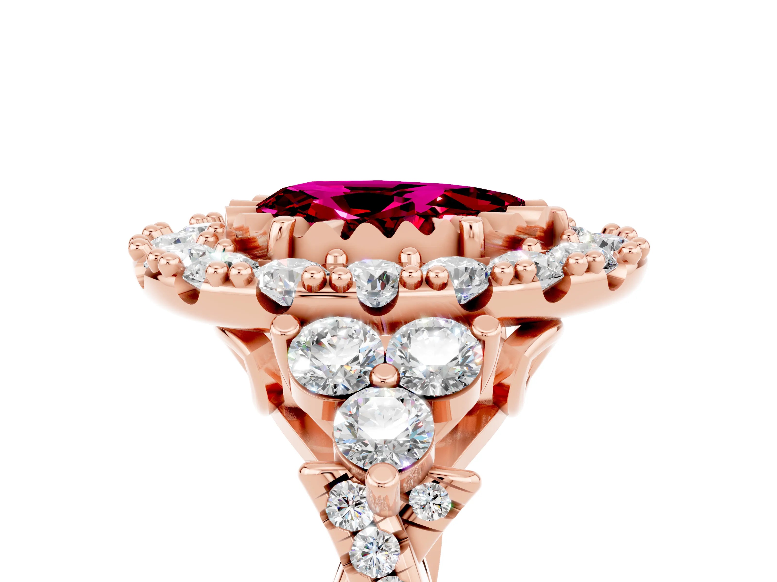 Rose gold Pear Cut Garnet Halo Ring with Pavé Band and Four-Prong Setting_17