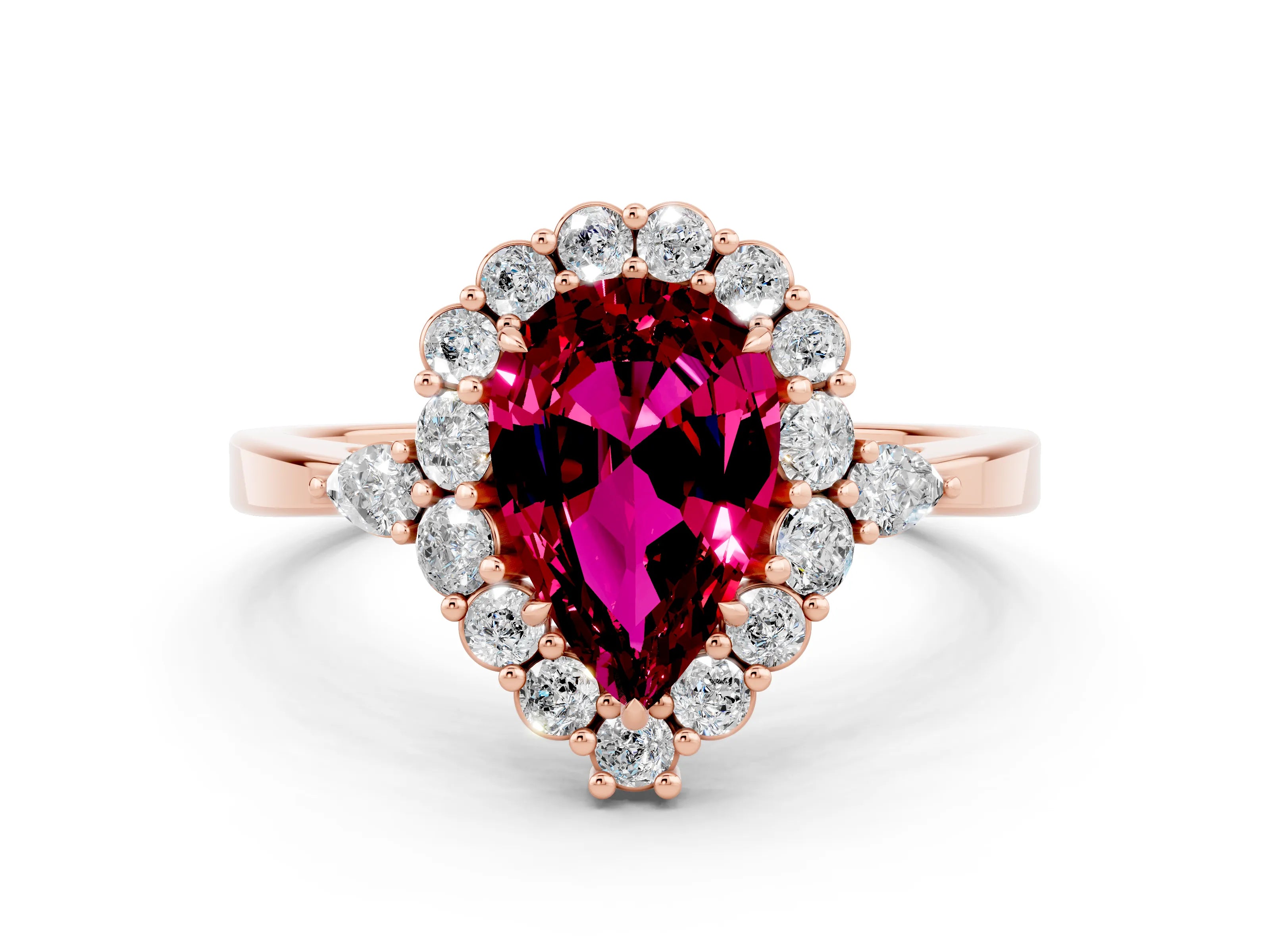 Rose gold Pear Cut Garnet Halo Ring with Pear Side Stones and Prong Setting_12