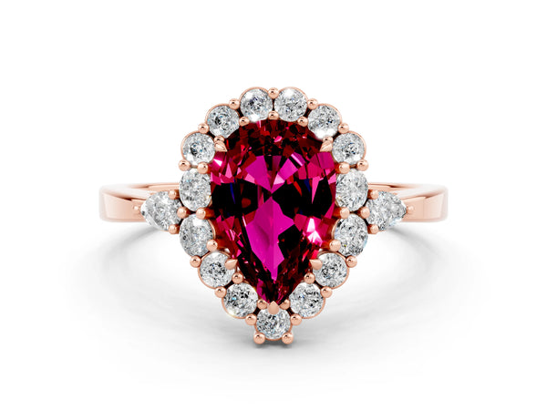 Rose gold Pear Cut Garnet Halo Ring with Pear Side Stones and Prong Setting