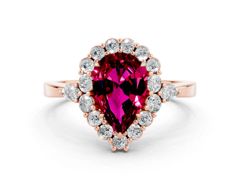 Rose gold Pear Cut Garnet Halo Ring with Pear Side Stones and Prong Setting_12