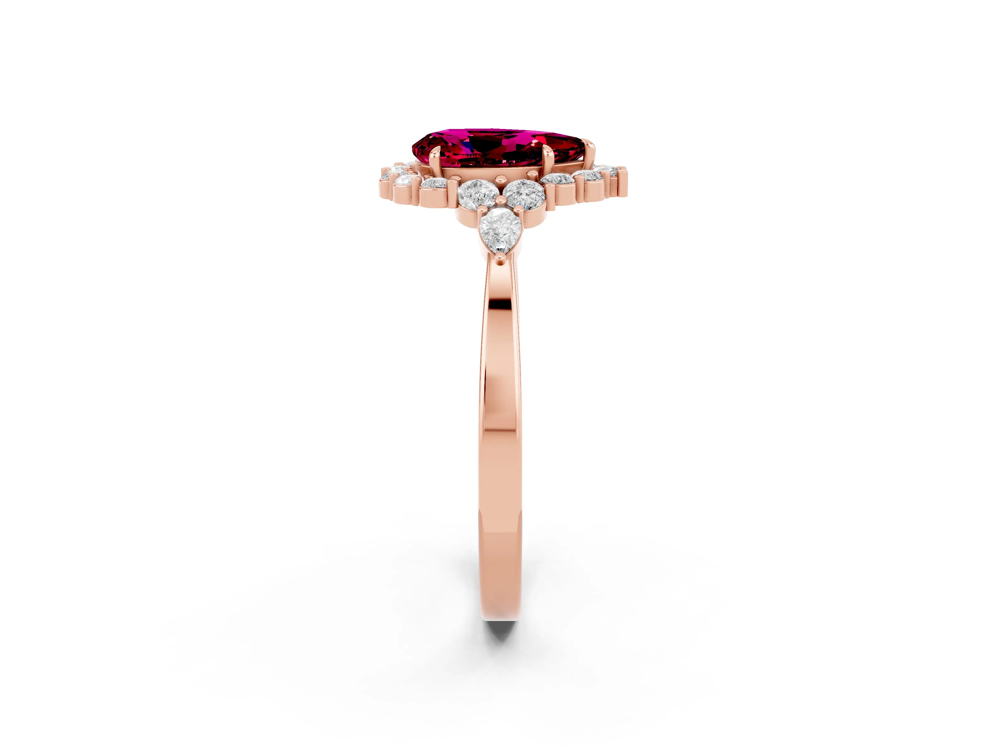Rose gold Pear Cut Garnet Halo Ring with Pear Side Stones and Prong Setting_14