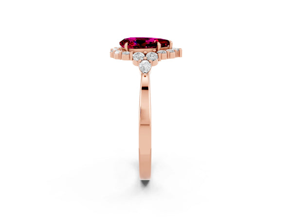 Rose gold Pear Cut Garnet Halo Ring with Pear Side Stones and Prong Setting