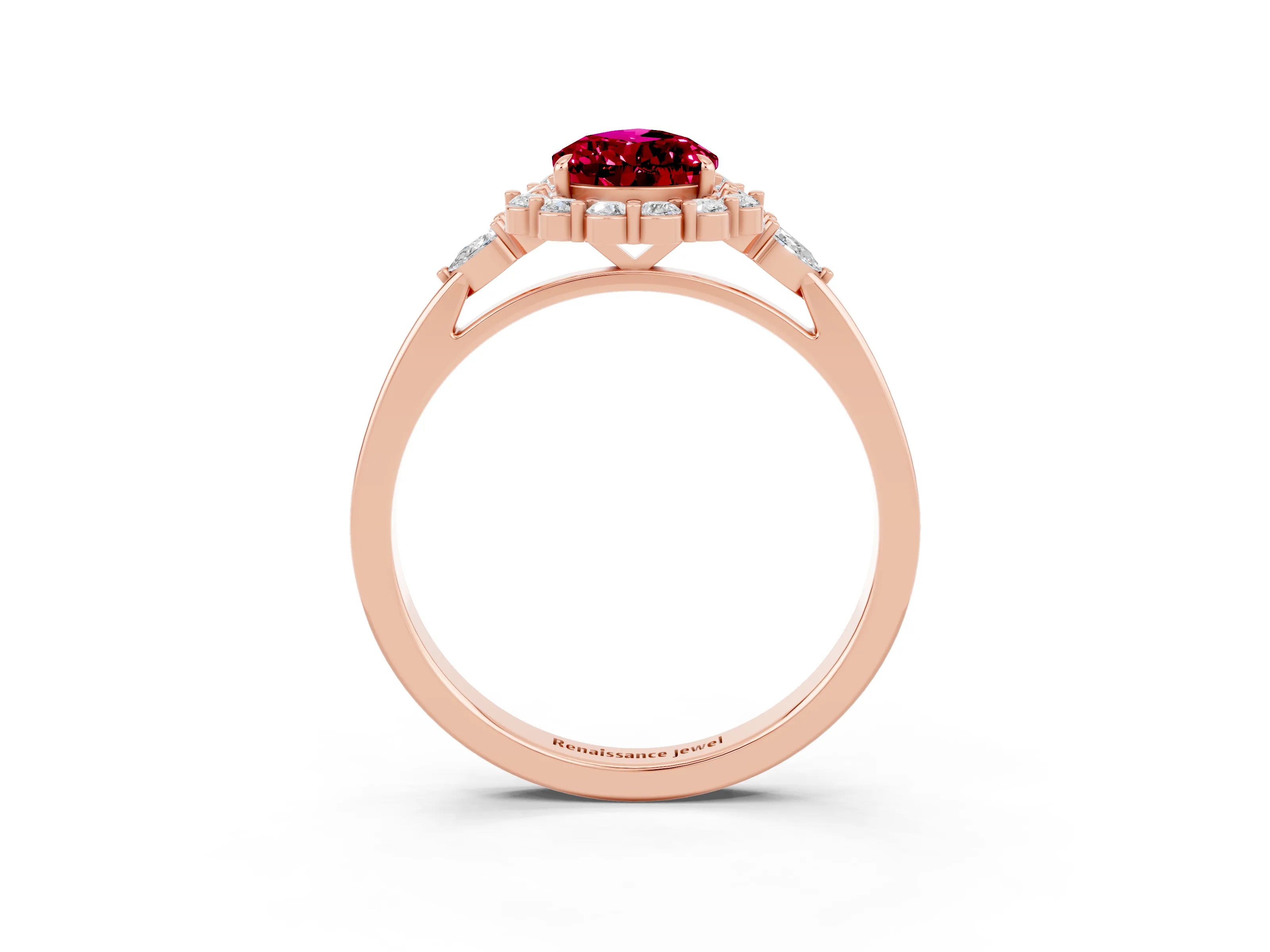 Rose gold Pear Cut Garnet Halo Ring with Pear Side Stones and Prong Setting_15
