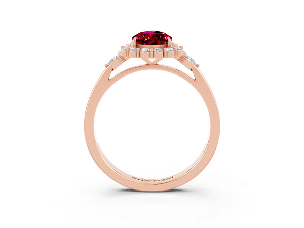 Rose gold Pear Cut Garnet Halo Ring with Pear Side Stones and Prong Setting