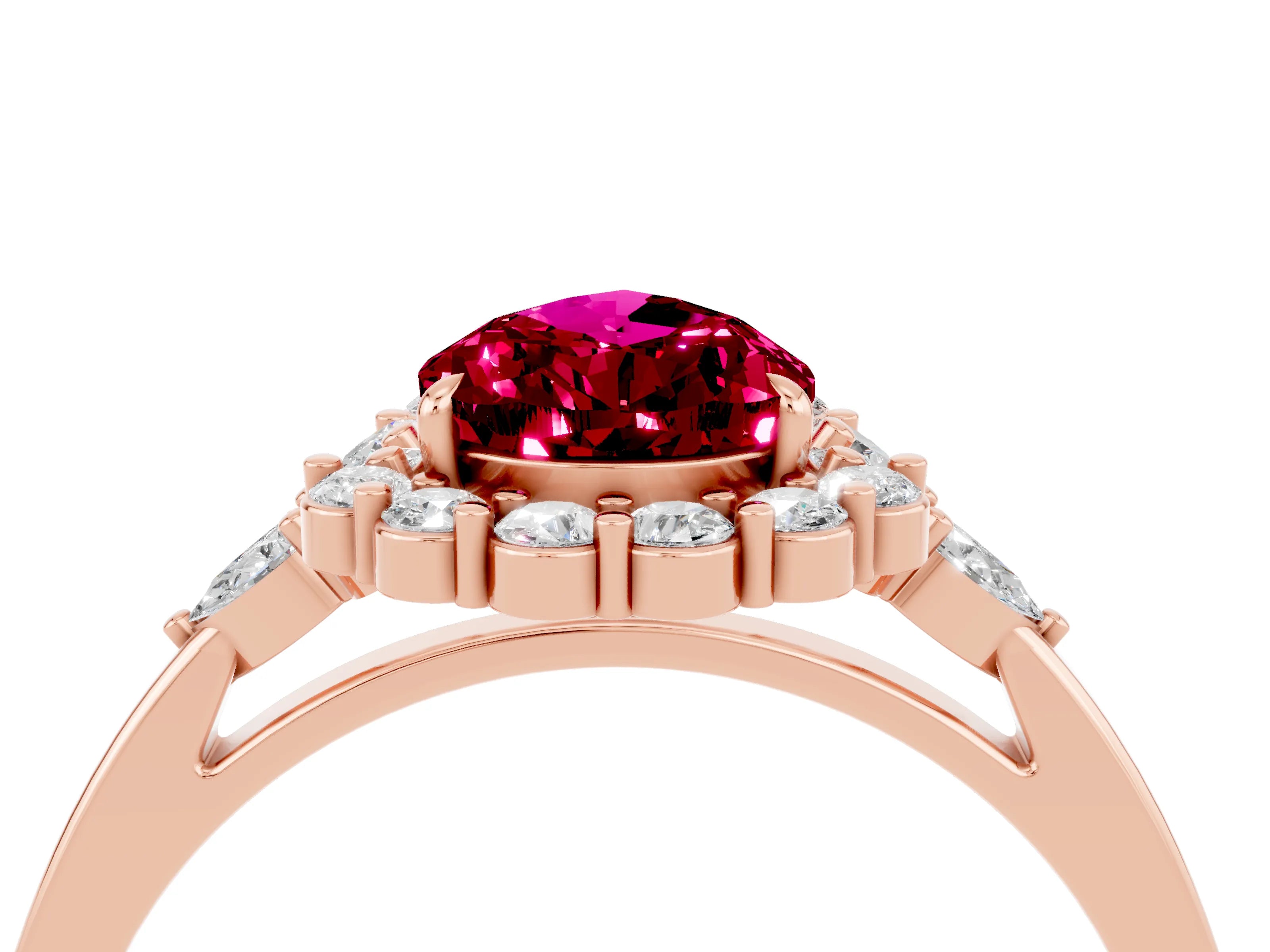 Rose gold Pear Cut Garnet Halo Ring with Pear Side Stones and Prong Setting_16