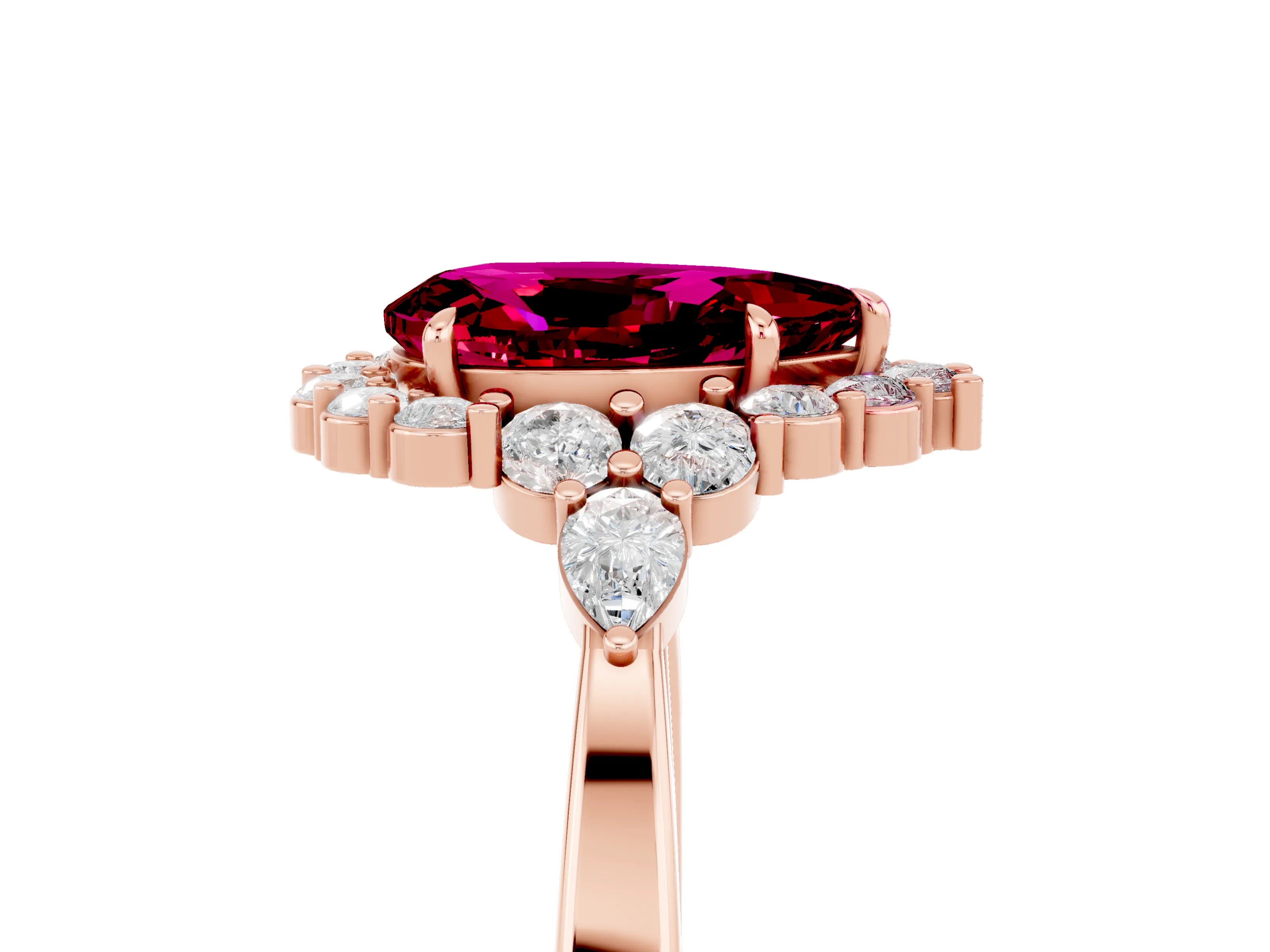 Rose gold Pear Cut Garnet Halo Ring with Pear Side Stones and Prong Setting_17