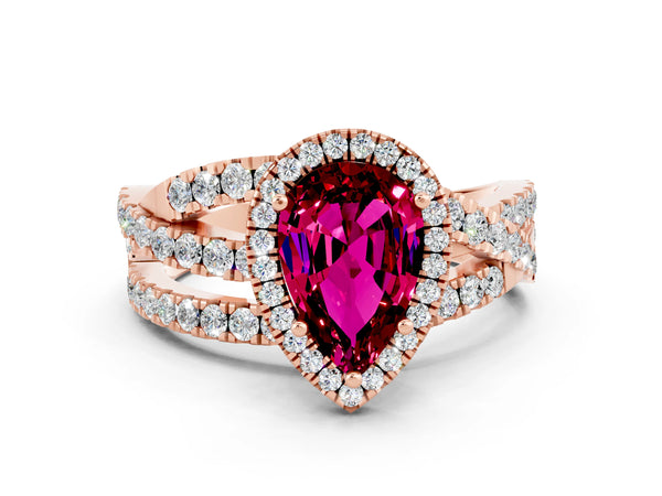 Rose gold Pear Cut Garnet Halo Ring with Round Split Shank and Prong Setting