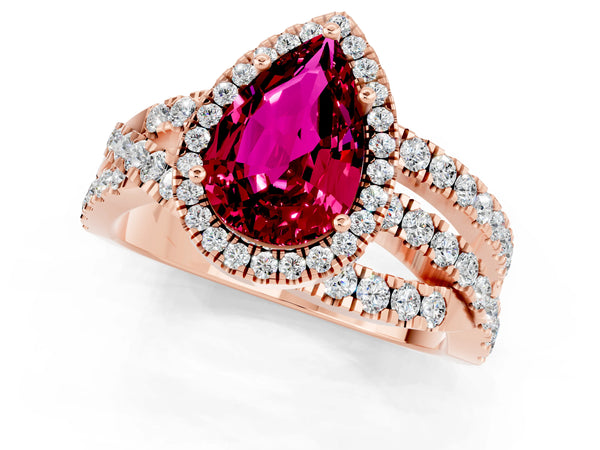 Rose gold Pear Cut Garnet Halo Ring with Round Split Shank and Prong Setting