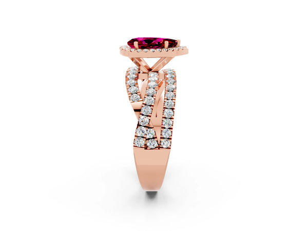 Rose gold Pear Cut Garnet Halo Ring with Round Split Shank and Prong Setting
