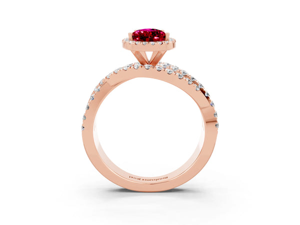 Rose gold Pear Cut Garnet Halo Ring with Round Split Shank and Prong Setting