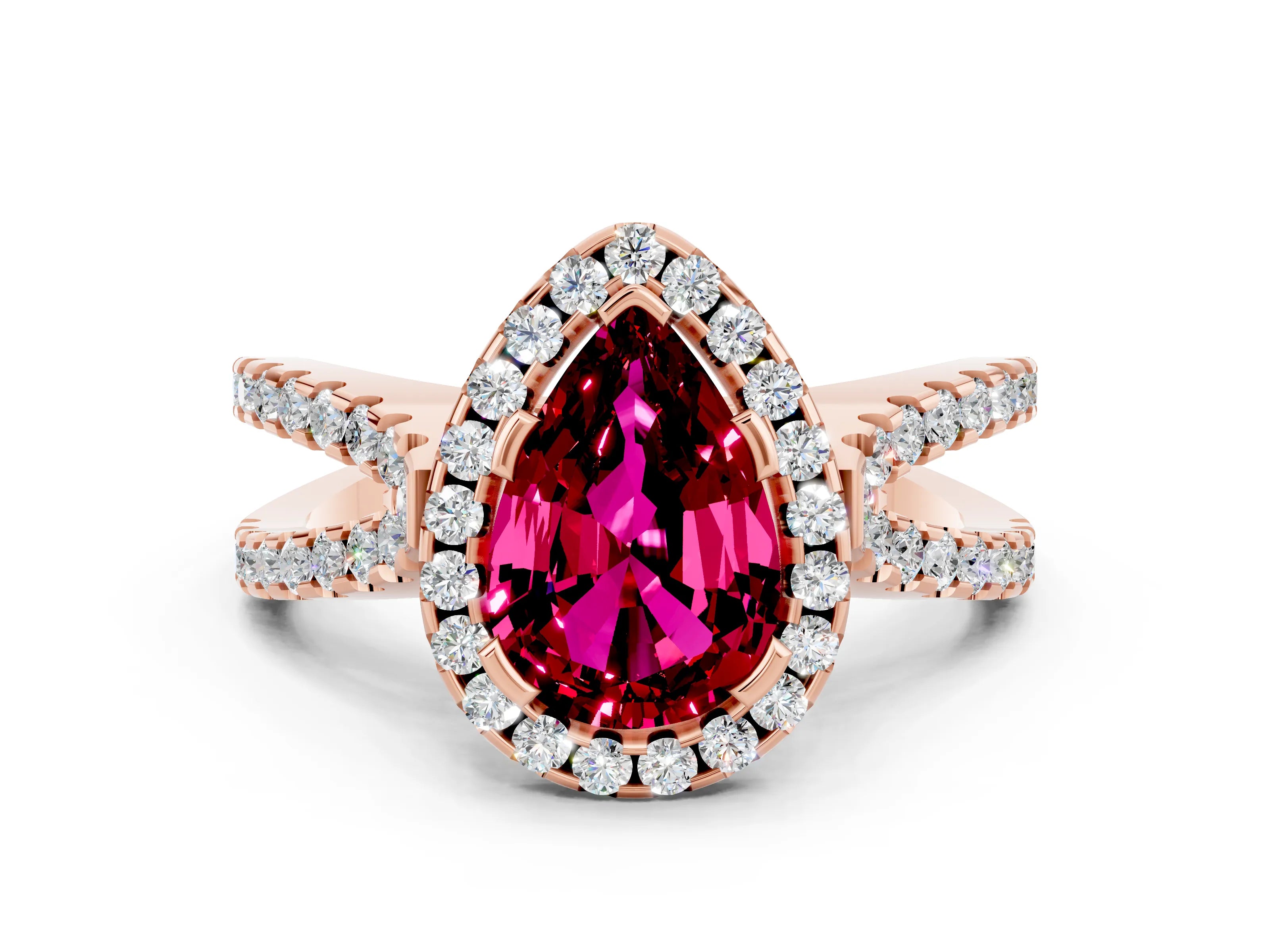 Rose gold Pear Cut Garnet Halo Ring with Split Shank Pavé Band and Prong Setting