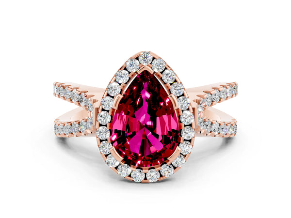 Rose gold Pear Cut Garnet Halo Ring with Split Shank Pavé Band and Prong Setting